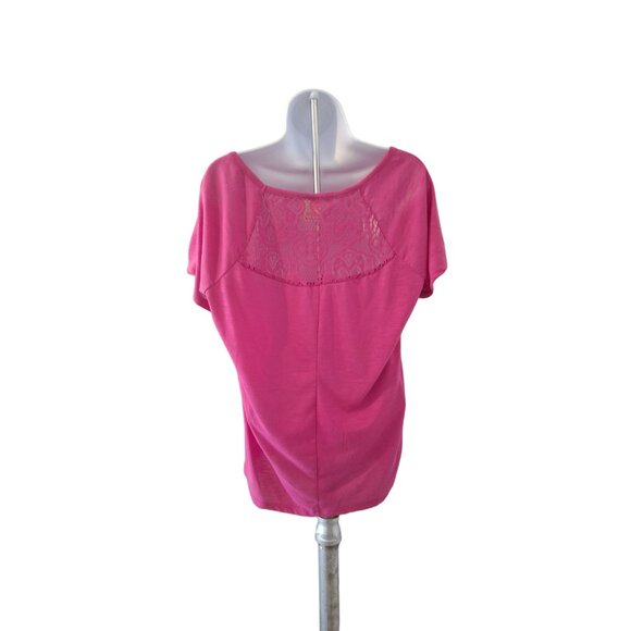 Faded Glory Womens Top XL Pink Rolled Short Sleeve Lace Back Butterfly Print Y2K - Picture 2 of 8